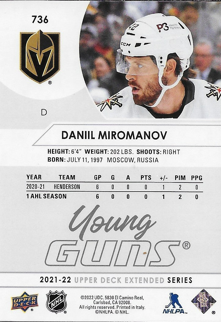 Signed Daniil Miromanov Young Guns 2021-22 UD Vegas Golden Knights Rookie Card