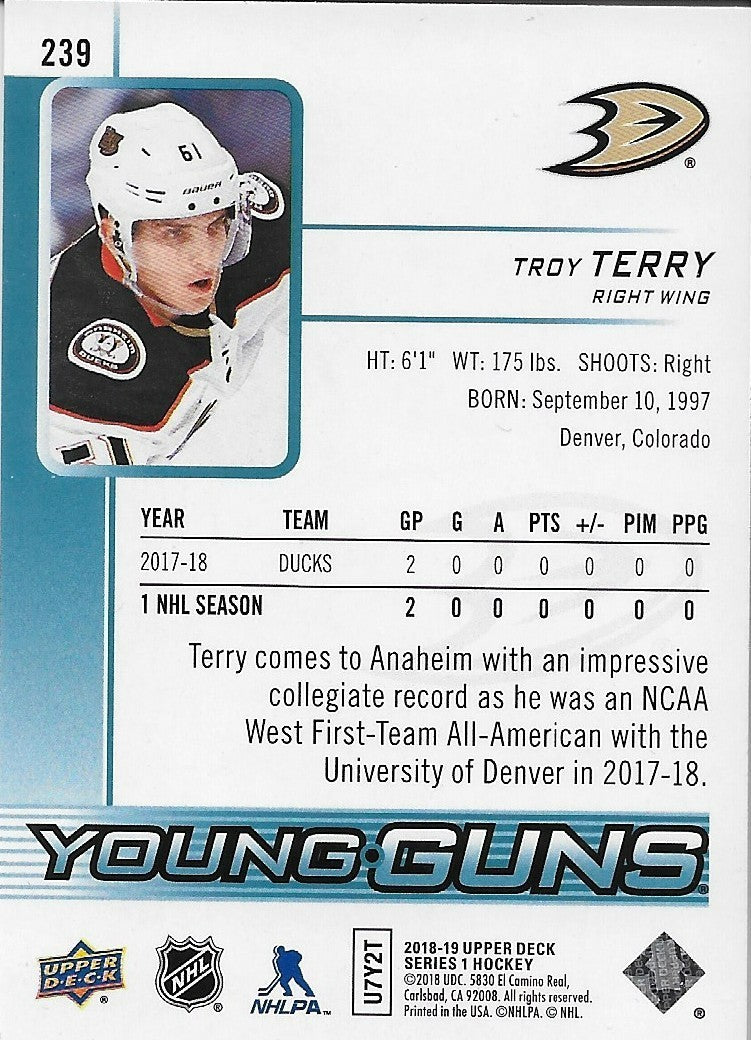 Signed Troy Terry Young Guns 2018-19 UD Anaheim Ducks Rookie Card