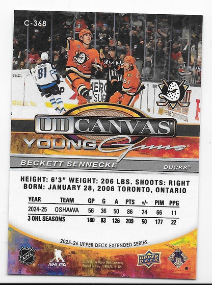 Beckett Sennecke Anaheim Ducks Young Guns Canvas UD Extended 2025-26 Card #C-368