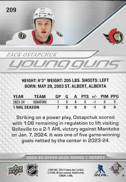 Signed Zack Ostapchuk Young Guns 2024-25 UD Ottawa Senators Rookie Card