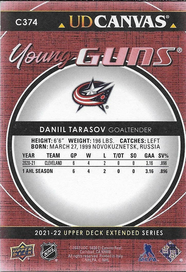 Signed Daniil Tarasov Canvas Young Guns 21-22 UD Columbus Blue Jackets Rookie Cd