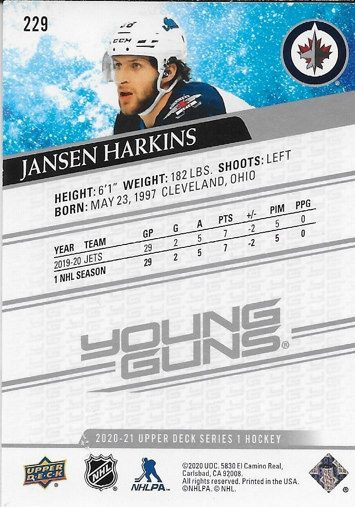 Signed  Jansen Harkins Young Guns 20-21 UD Signed Winnipeg Jets Rookie Card