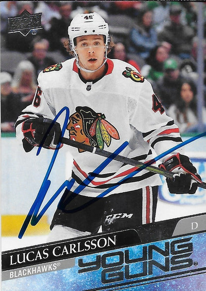 Signed Lucas Carlsson Young Guns 20-21 UD Chicago Blackhawks Rookie Card