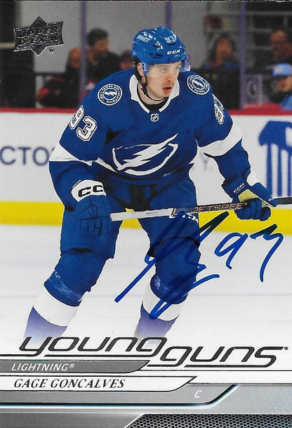 Signed Gage Goncalves Young Guns 2024-25 UD Tampa Bay Lightning Rookie Card