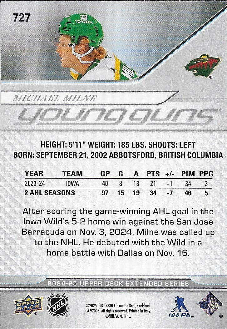 Signed Michael Milne Young Guns 24-25 UD Minnesota Wild Autographed Rookie Card
