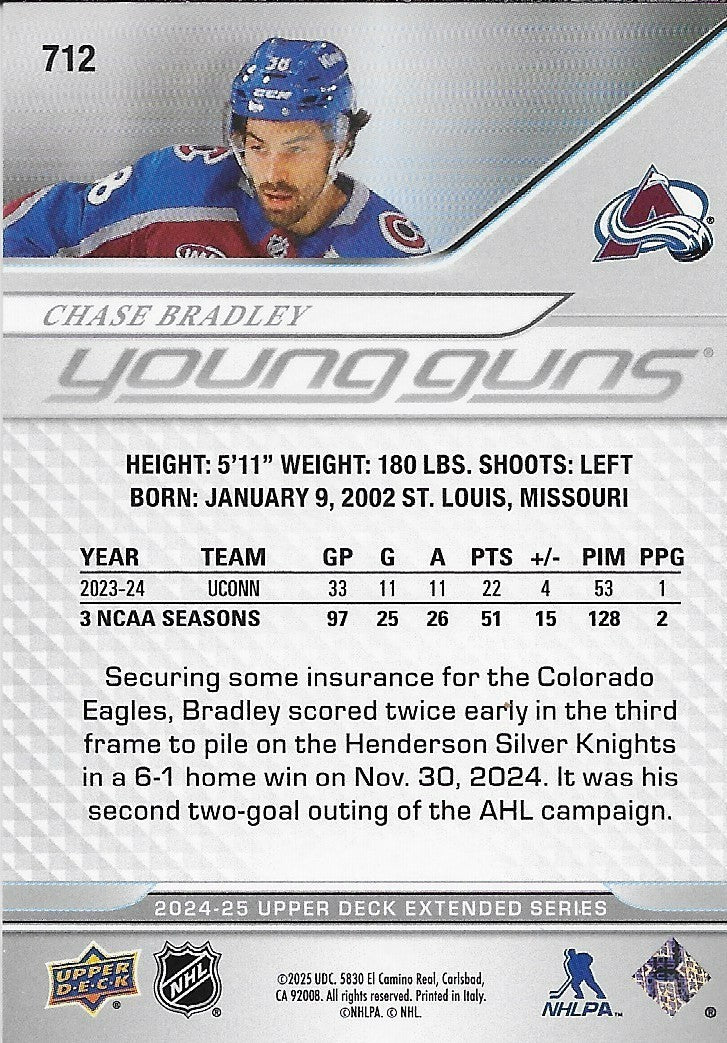 Signed Chase Bradley Young Guns 2024-25 UD Colorado Avalanche Rookie Card