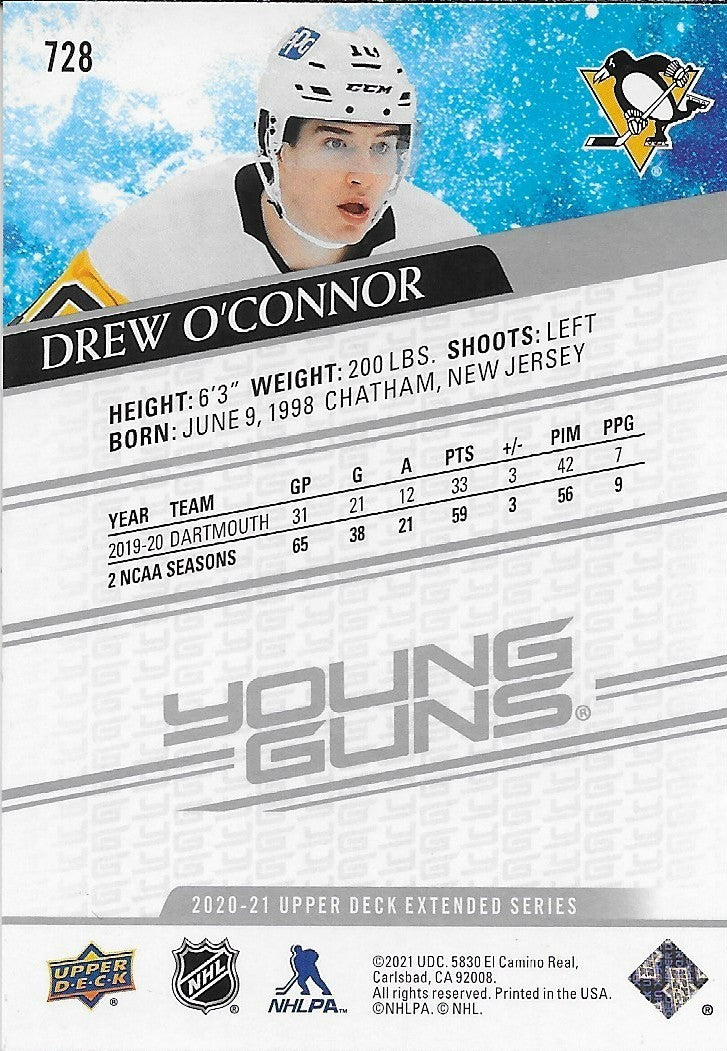 Signed Drew O'Connor Young Guns 2020-21 Upper Deck Pittsburgh Penguins Card