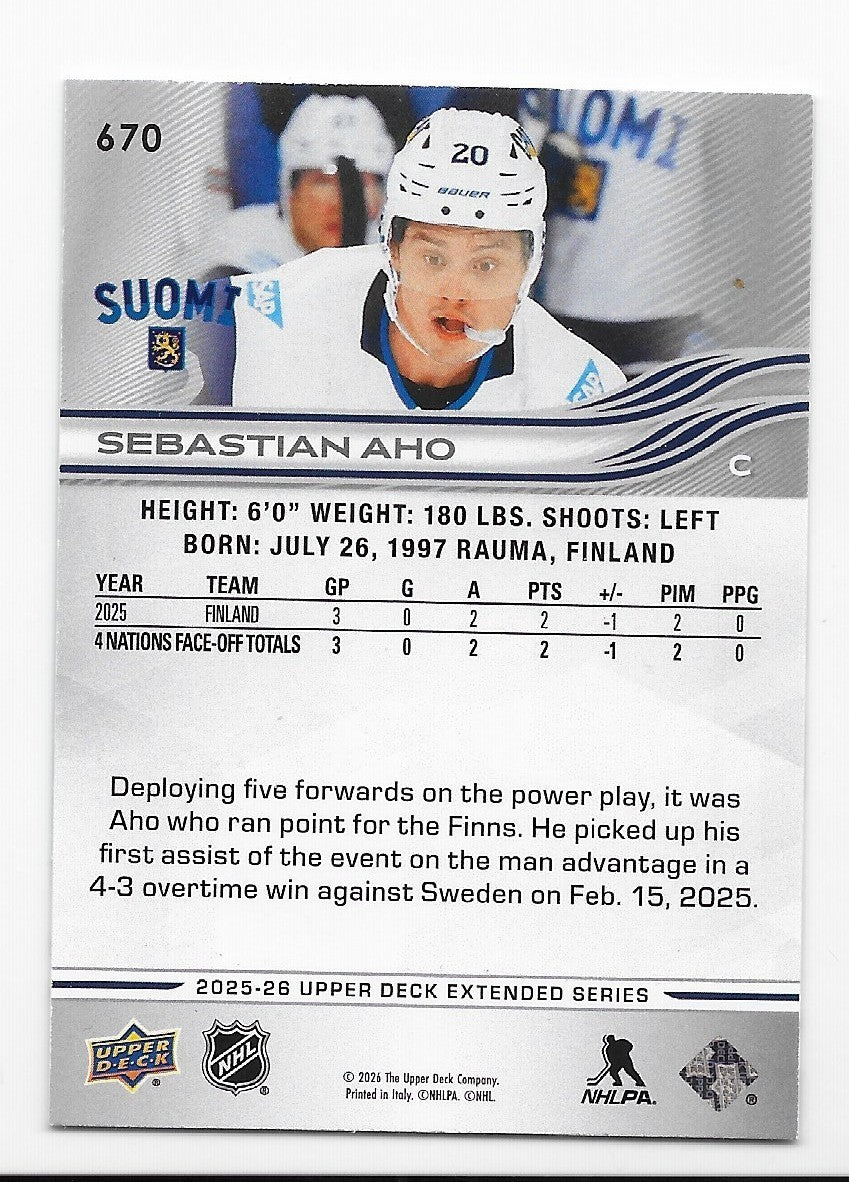 Sebastian Aho Carolina Hurricanes UD Extended 2025-26  Deluxe Finland Card #670