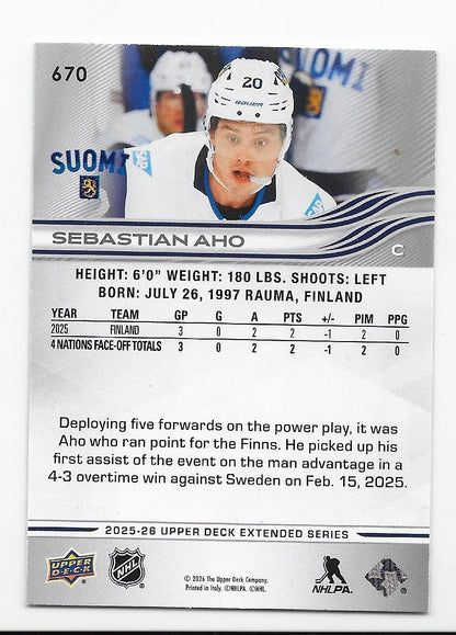 Sebastian Aho Carolina Hurricanes UD Extended 2025-26  Deluxe Finland Card #670