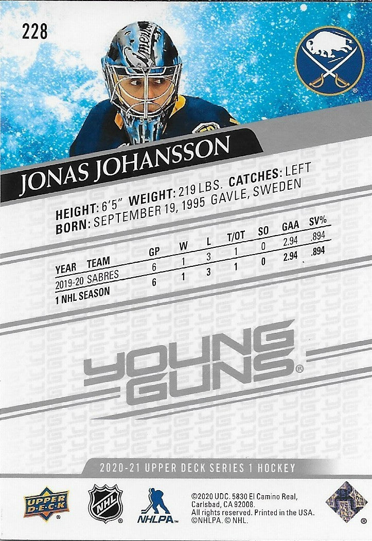 Signed Jonas Johansson Young Guns 20-21 Upper Deck Buffalo Sabres Rookie Card