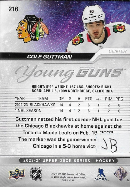 Signed Cole Guttman Young Guns 23-24 UD Chicago Blackhawks Rookie Card