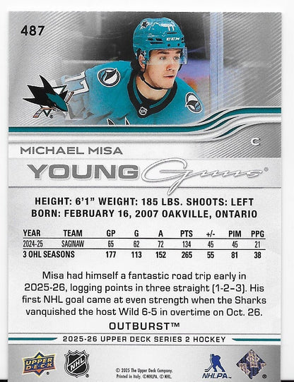 Michael Misa San Jose Sharks Young Guns Outburst UD S2 2025-26   Card  # 487