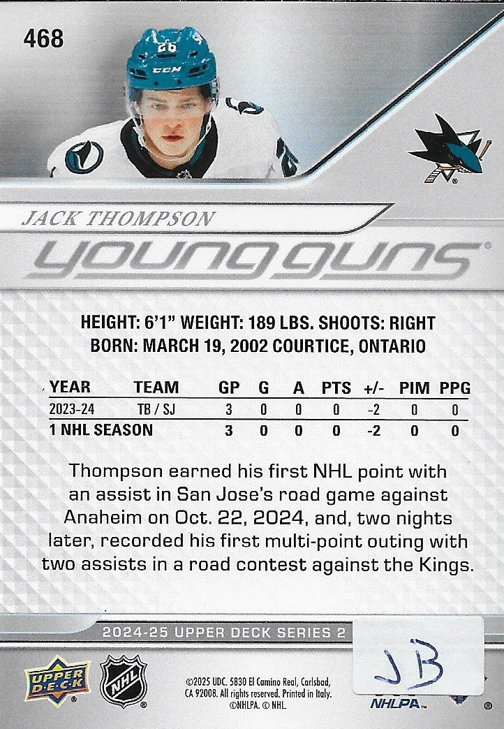 Signed Jack Thompson Young Guns 2024-25 UD San Jose Sharks Rookie Card