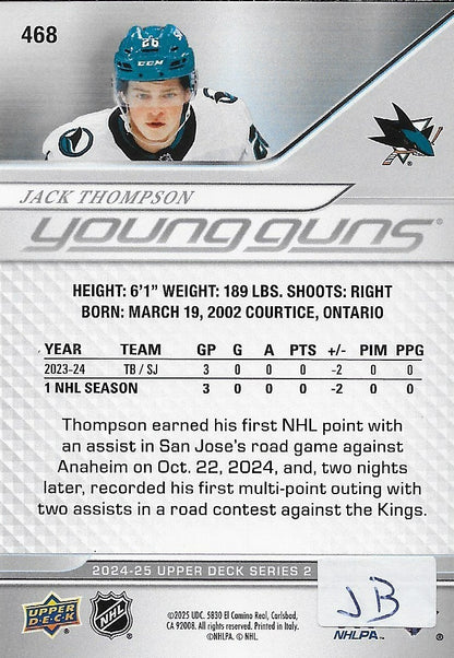 Signed Jack Thompson Young Guns 2024-25 UD San Jose Sharks Rookie Card