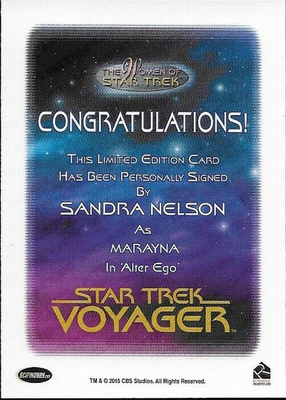 Carte autographiée de Sandra Nelson dans le rôle de Marayna tirée des femmes de Star Trek Voyager