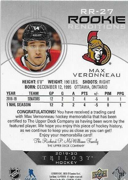 Maillot de la Trilogie Upper Deck 2019-20 de Max Veronneau, rendus des recrues parallèles