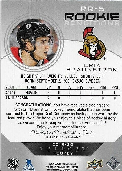 Maillot de la trilogie Upper Deck 2019-20 d'Erik Brannstrom, rendus des recrues parallèles