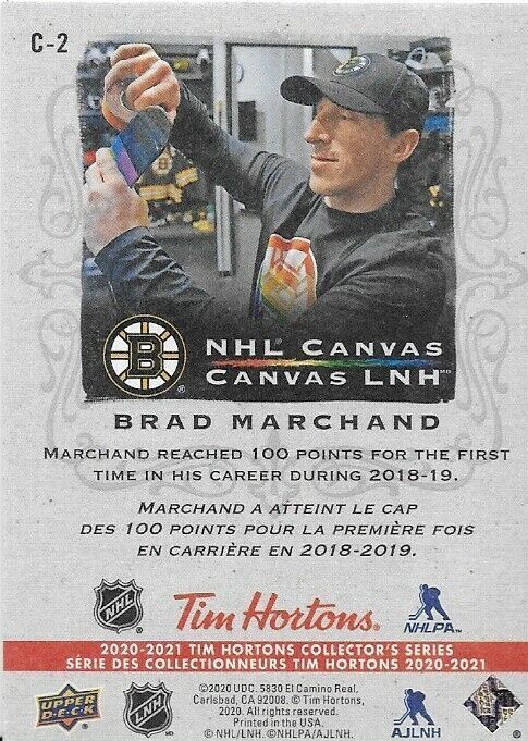 Carte d'insertion Brad Marchand en toile Tim Horton's NHL 2020-21 UD