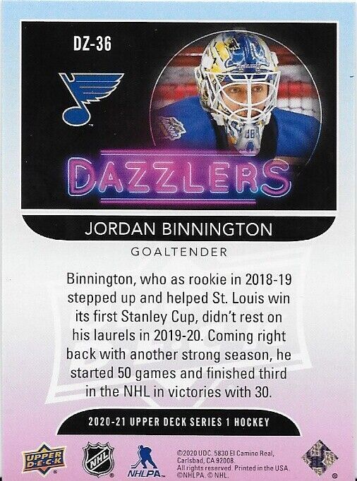 2020-21 Upper Deck Jordan Binnington Pink Parallel Dazzlers Card