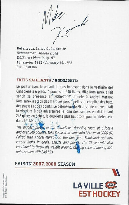 Autographed Mike Komisarek Montreal Canadiens Postcard 2007-08 Original