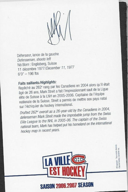 Autographed Mark Streit Montreal Canadiens Postcard 2006-07 Original