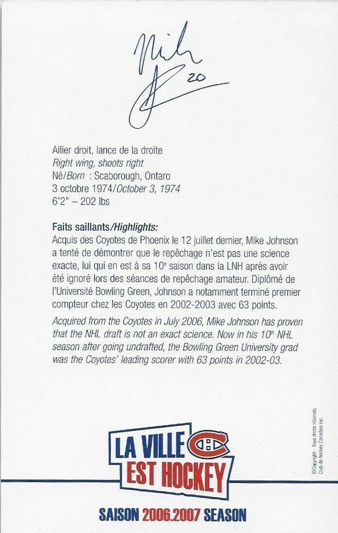 Carte postale originale autographiée par Mike Johnson des Canadiens de Montréal 2006-07