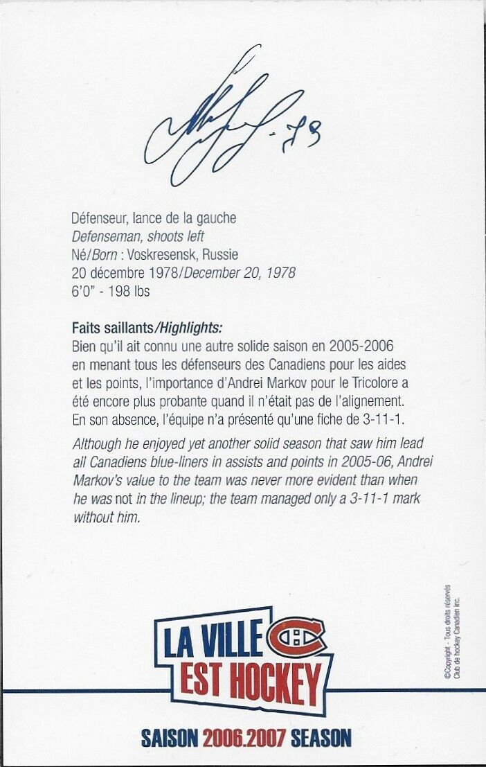 Autographed Andrei Markov Montreal Canadiens Postcard 2006-07 Original