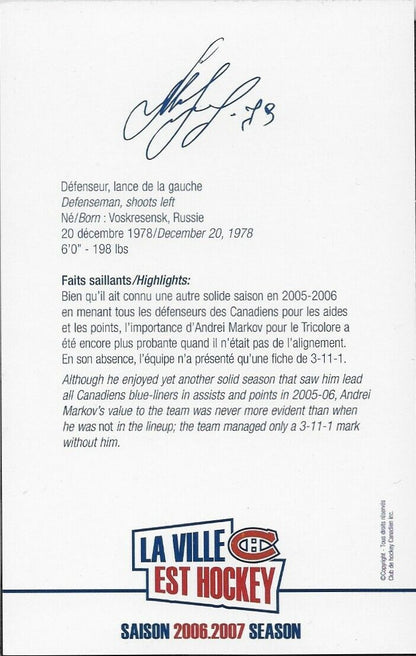 Autographed Andrei Markov Montreal Canadiens Postcard 2006-07 Original