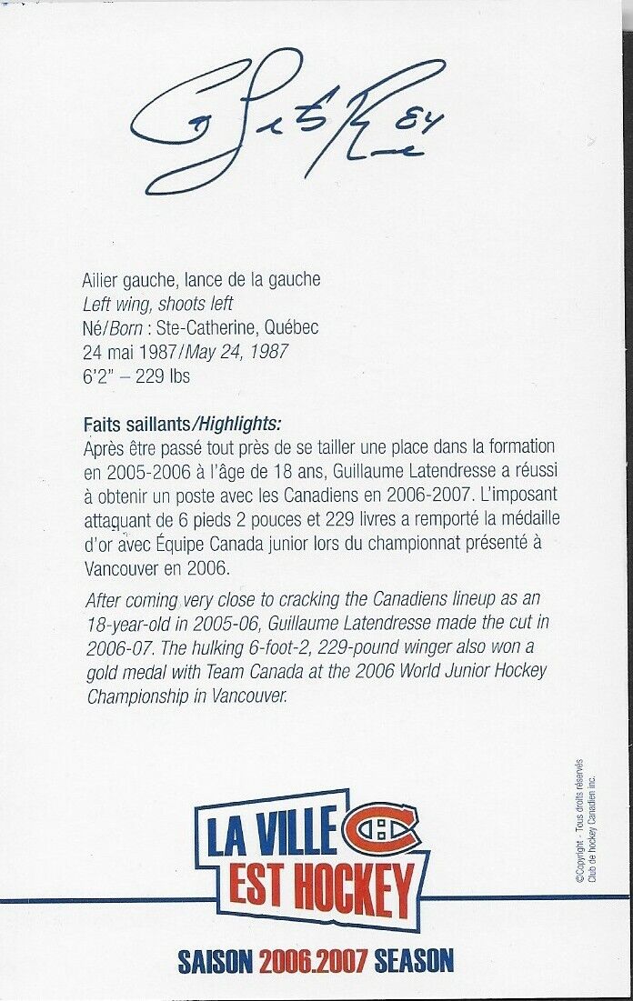 Autographed Guillaume Latendresse Montreal Canadiens Postcard 2006-07 Original