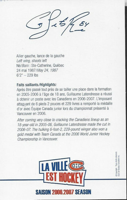 Autographed Guillaume Latendresse Montreal Canadiens Postcard 2006-07 Original