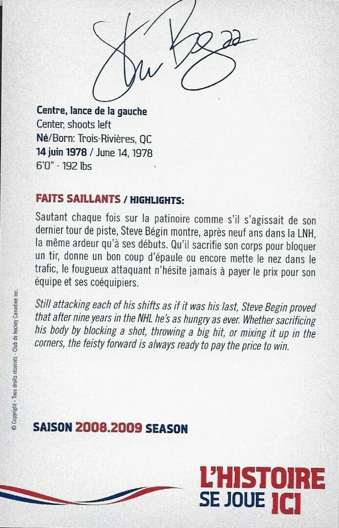 Autographed Steve Begin Montreal Canadiens Postcard 2008-09 Original