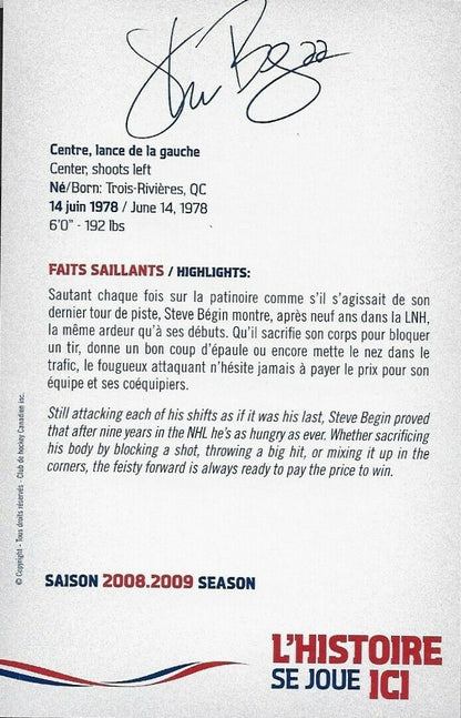 Autographed Steve Begin Montreal Canadiens Postcard 2008-09 Original
