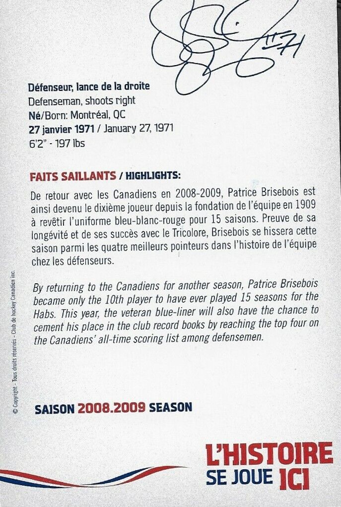 Carte postale originale autographiée par Patrice Brisebois des Canadiens de Montréal 2008-09