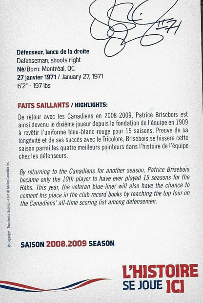 Carte postale originale autographiée par Patrice Brisebois des Canadiens de Montréal 2008-09