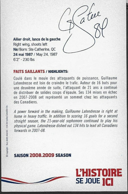 Autographed Guillaume Latendresse Montreal Canadiens Postcard 2008-09 Original