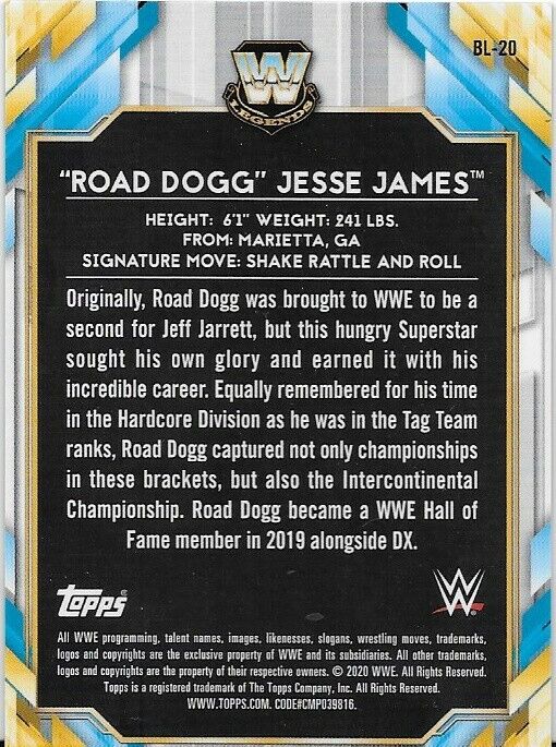 2020 Topps Chrome WWE Noir Réfracteur Road Dogg Jesse James 10/10