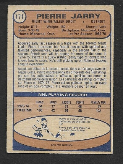 Autographed Detroit Red Wings Pierre Jarry Pistol Pete O-Pee-Chee 1974-75 Card