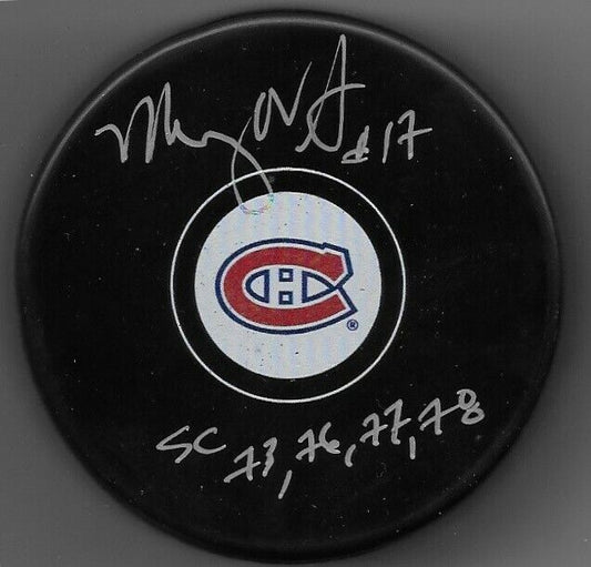 Auto. Montreal Canadiens Murray Wilson Puck with Inscription 4SC 73-76-77-78
