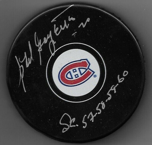 Autographed Montreal Canadiens Phil Goyette Puck with Inscription Sc 57-58-59-60