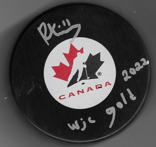 Auto. Montreal Canadiens Riley Kidney Team Canada Puck 2022 WJC Gold Inscription