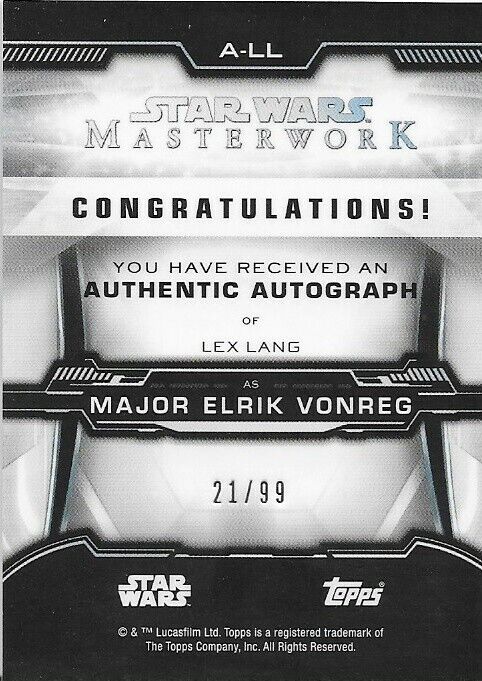 Autographed Star Wars Masterworks signed Lex Lang as Major Elrik Vonreg 21/99