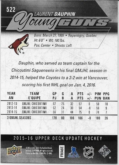 Autographed 2015-16 UD Arizona Coyotes Young Guns Laurent Dauphin Rookie Card