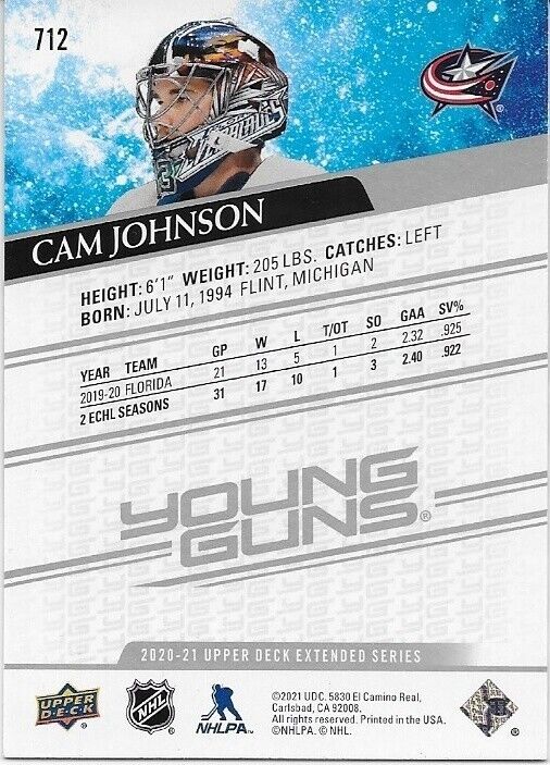 Autographed 202-21 UD Columbus Blue Jackets Young Guns Cam Johnson Rookie Card