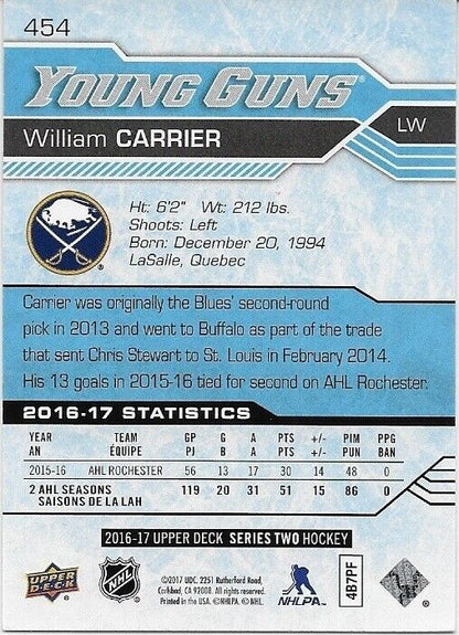 Autographed 2016-17 UD Buffalo Sabres Young Guns Willian Carrier Rookie Card