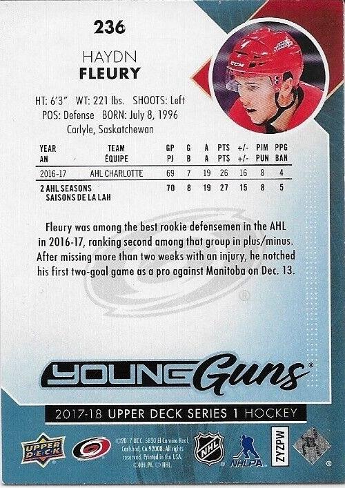 Carte de recrue autographiée UD 2017-18 des Young Guns des Hurricanes de la Caroline Haydn Fleury