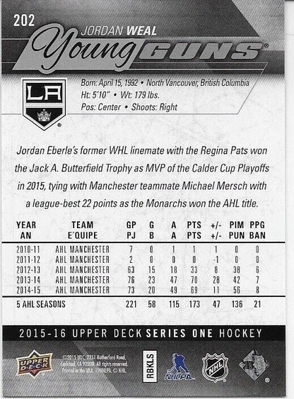 Autographed 2015-16 UD Los Angeles Kings Young Guns Jordan Weal Rookie Card