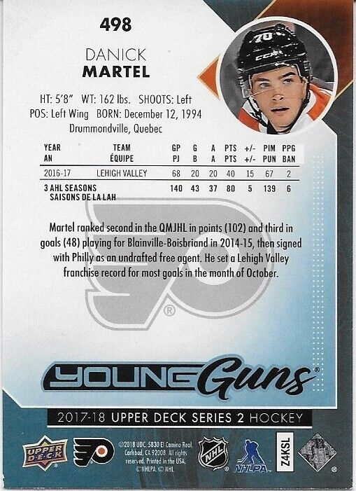 Carte autographiée 2017-18 Upper Deck des Flyers de Philadelphie Young Guns de Danick Martel
