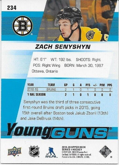 Carte de recrue signée Zach Senyshyn UD 2019-20 Young Guns des Bruins de Boston
