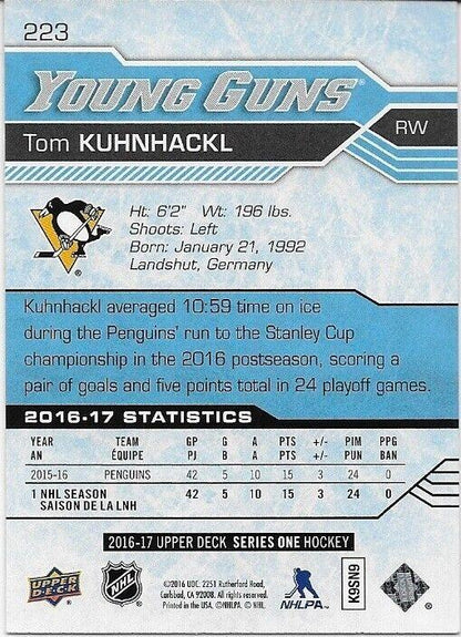 Autographed 2016-17 UD Pittsburgh Penguins Young Guns Tom Kuhnhackl Rookie Card