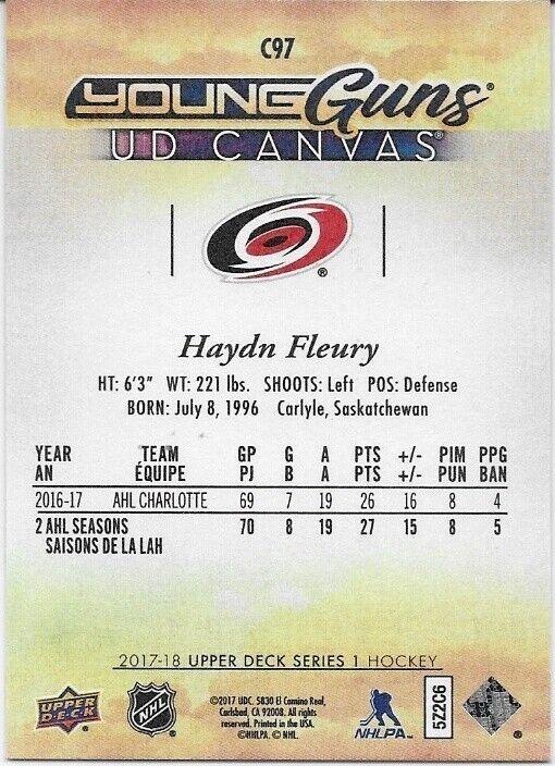 Carte en toile autographiée UD 2017-18 des Hurricanes de la Caroline Haydn Fleury Young Guns